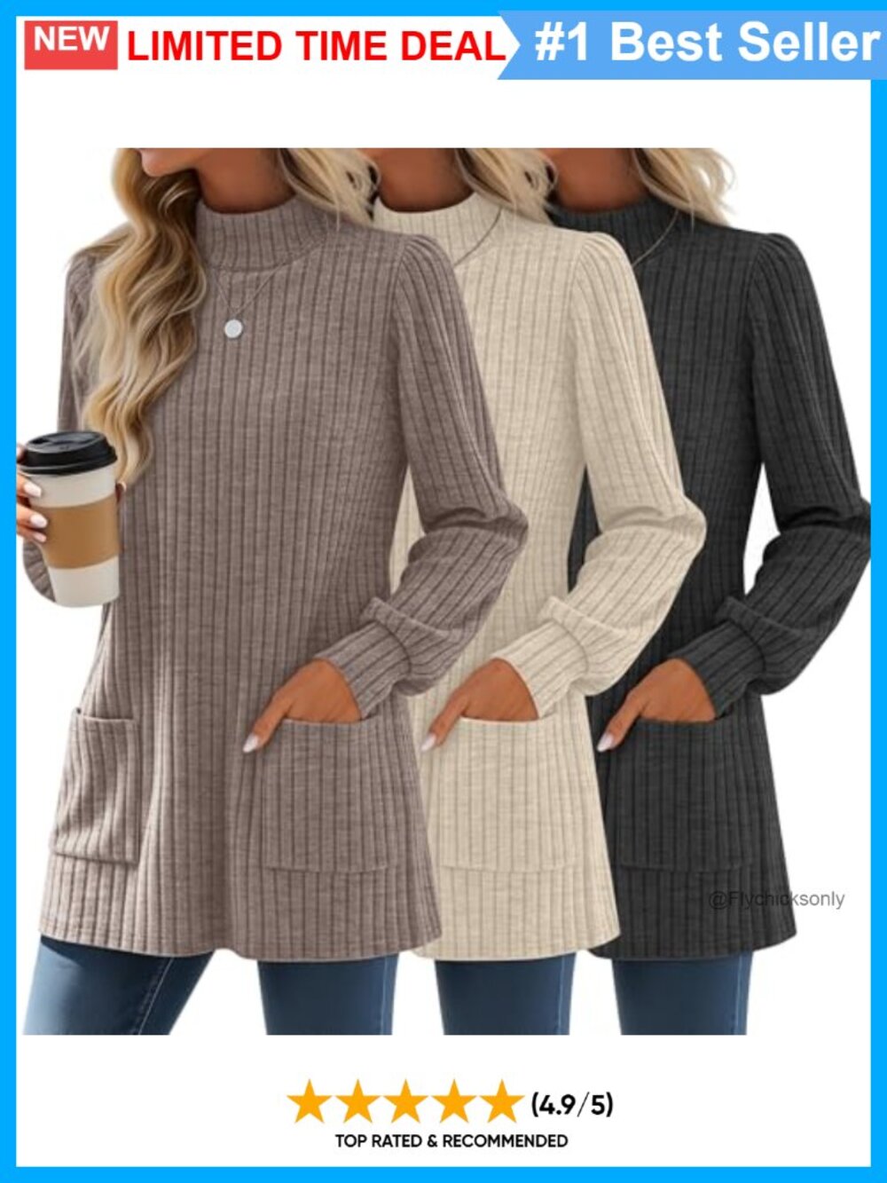 3 Pack Women's Mock Neck Tunic Sweaters Ribbed Knit Pullover Tops